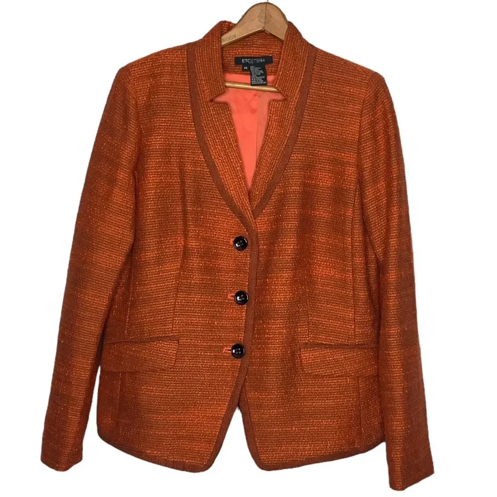 Etcetera Size 14 Orange Tweed Wool Blend Designer Tailored Notch Blazer‎ Jacket